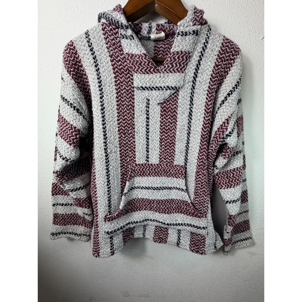 Unbranded Unisex Baja Hoodie Burgundy Grey M Mexican Jerga Pullover Stripe